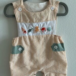 Abbie & Evie Peach Seersucker Baby Overalls with Sea Critter Embroidery